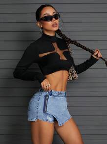 SHEIN ICON 大码女式不对称下摆破洞口袋牛仔半身裙 - 藍色 - 查看 3