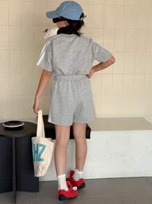 DAZY 2 件套青少年女孩休闲简约短袖上衣和短裤套装，女孩夏季服装，返校服装 - 灰色 - 查看 3