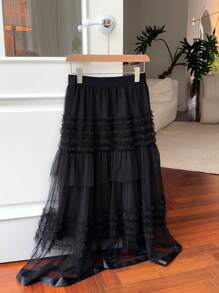 DAZY 女式荷叶边欧根纱长裙，适合夏季和情人节 - 黑色 - 查看 6