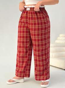 SHEIN EZwear Plus Size Red Plaid Straight Leg Casual Loose Pants - Red - View 5