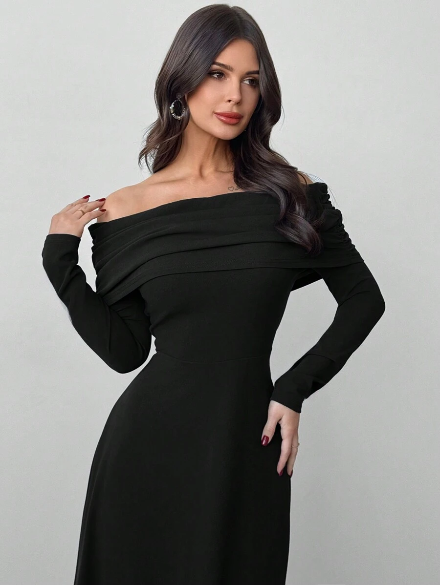 Firerie 女士纯色露肩长袖长裙，简约时尚休闲日常穿着 - 黑色 - 查看 1