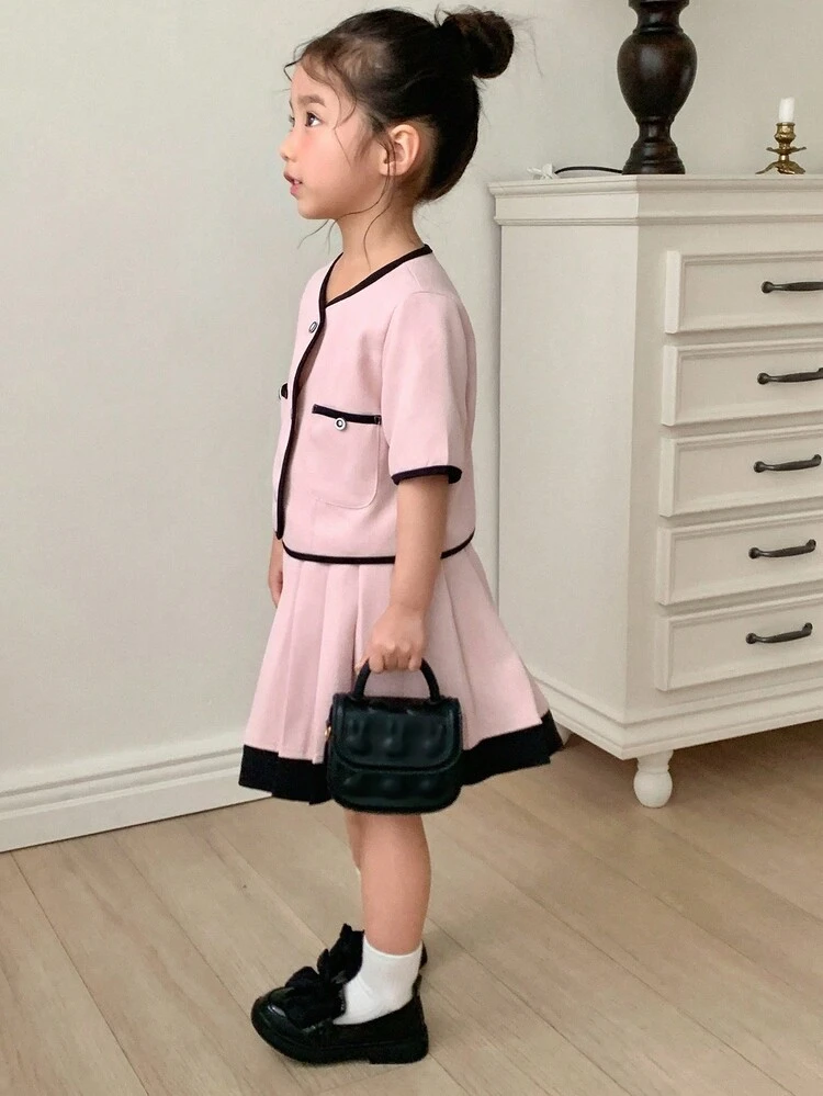 Young Girl Elegant Color Block Trim Short Sleeve Top & Pleated Skirt 2 Pieces Set