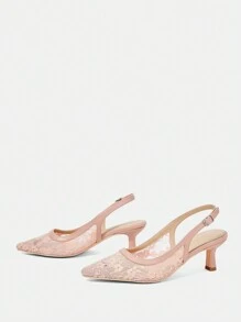 CUCCOO HITCHD Women's Pointed Toe Lace Design Stiletto High Heel Shoes, Romantic & Elegant, Graceful & Noble, Suitable For Wedding, Formal Occasions. Light & Soft Lace Mesh Material, Peach Color. Spring Shoes Spring Break Easter Prom Heels - Dusty Pink - View 8