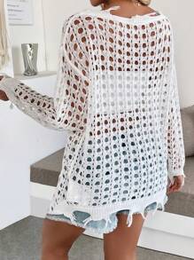 Breezaya Solid Color Long Sleeve Loose Knit Sweater With Hollow Design & Tassel Trim Knit Pullover Fall Winter - White - View 2