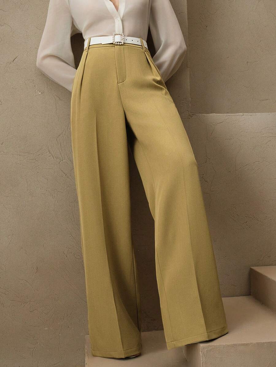 Anewsta Solid Color Straight Leg Elegant High Waist Trousers, Suitable For Vacations And New Year's Outfits - Olive Green - View 1