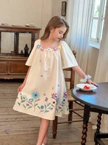 LMoss Kids LMoss Tween Girl Ditsy Floral Woven Loose Casual Sleeveless Dress,Suitable For Spring And Summer - Beige - View 4