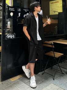 DAZY Men's Asymmetrical Design Textured Fabric Shirt Set, Summer - Black - View 6