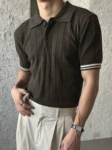 DAZY Men's Half-Open Collar Ribbed Contrast Color Knitted Sweater, Summer Business Attire - Dark Grey - View 3