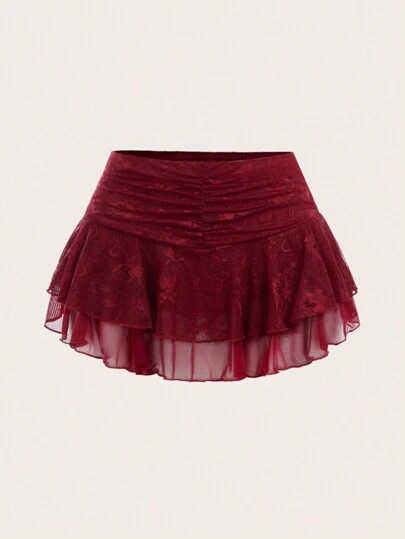 Sweetina Women's Simple Lace Patchwork High Waist A-Line Midi Skirt, Casual Vacation