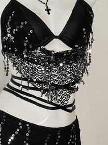 SHEIN ICON Sequin Halter Backless Tie Strap Cami Tank Top And Low Waist Shorts Set - Black - View 9