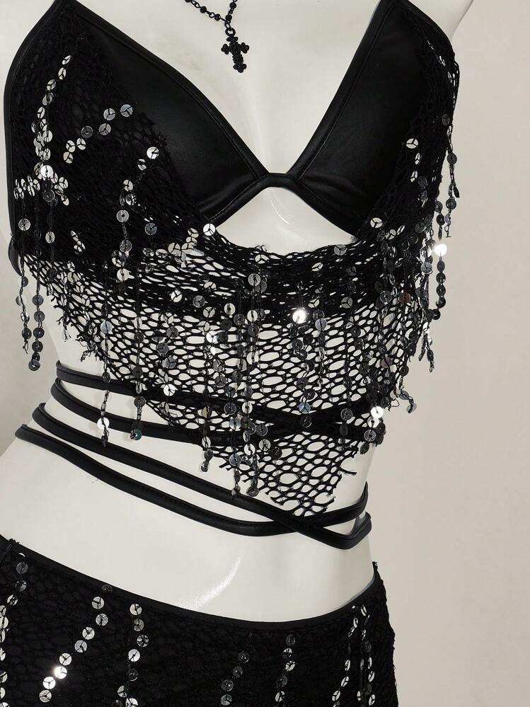 SHEIN ICON Conjunto de top de tirantes y shorts de talle bajo con lentejuelas y espalda descubierta - Negro - Añade 9