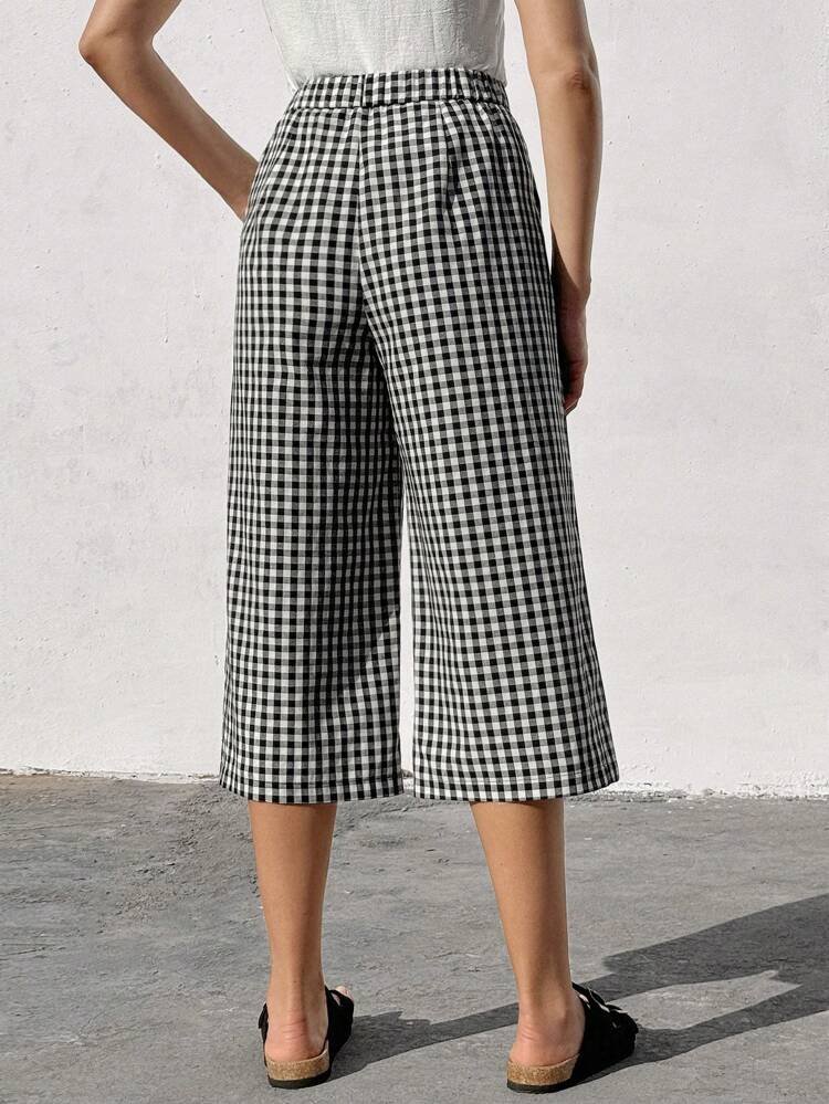 Women's Elastic Waist Plaid Wide Leg Capri Pants