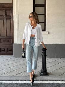 Chiquease Contrast Color Round Neck 3/4 Sleeve Loose Casual Versatile Commuter Jacket - White - View 1