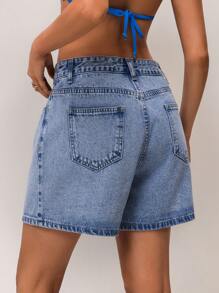 SHEIN Forever 21 Summer /Country Concert/Country Concert/Tea Party /Elegant /Concert /Casual Women/Summer /Mid-Waisted Blue Denim Shorts - Blue - View 2
