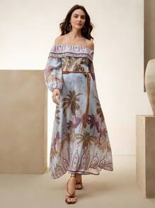 Anewsta Váy Boho dài hở vai họa tiết hoa đi biển, trang phục mùa xuân cho phụ nữ - Nhiều màu - Xem 7