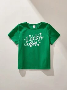 SHEIN 年轻男孩休闲简约风格 T 恤，日常穿着 - 綠色 - 查看 3