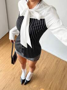 SHEIN Unity 全新 拼接单排扣长袖蝴蝶结领优雅女士办公衬衫 - 黑與白 - 查看 7