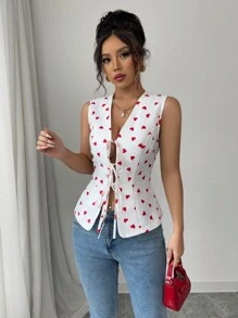 Elenzga Valentine's Day Casual Heart Print Tied Front Camisole