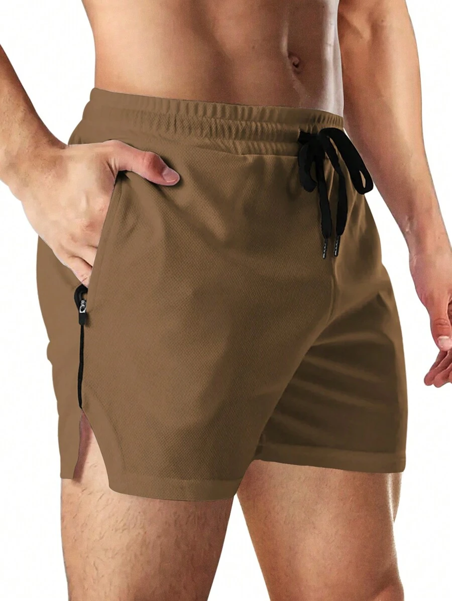 Manfinity Sport Corelite Men's Drawstring Waist Zipper Pocket Casual Sports Shorts - Khaki - View 1