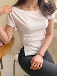 DAZY 女士斜肩紧身腰部紧身 T 恤，休闲时尚，适合日常穿着 - 白色 - 查看 2