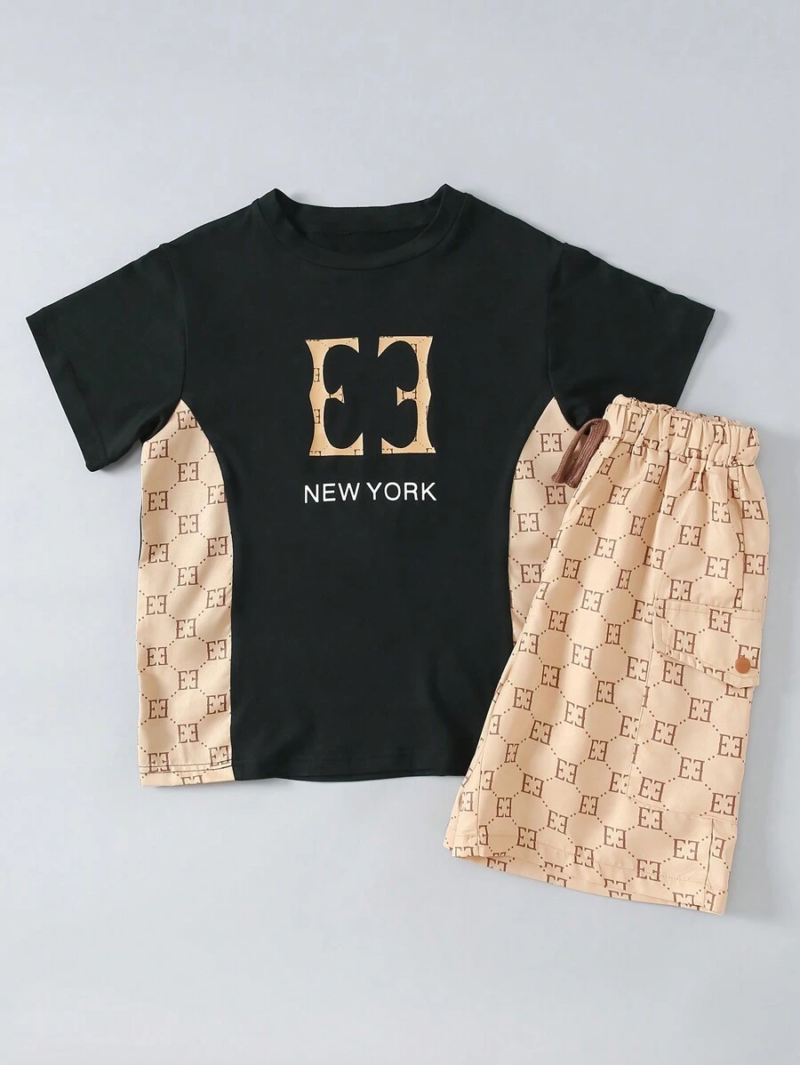 SHEIN Explorewe 2 件 Tween Boy 时尚花卉印花金色 T 恤和休闲短裤套装