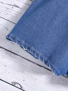 SHEIN Girlism Tween Girls Summer Boho Backless Denim Playsuit With Cute Ruffle Hem And Bowknot, Summer Beach Denim Romper - Light Wash - View 3