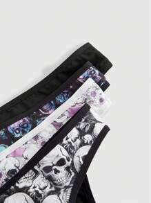 ROMWE 4pcs Set Gothic Punk Skull Rose Milk Silk Thong Panties - Black - View 3
