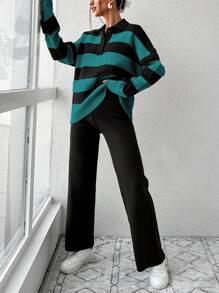 RueChic Women's Striped Button Half Placket Drop Shoulder Sweater And Solid Knit Wide Leg Pants 2pcs Set - Dark Green - View 4