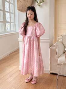 DAZY Tween Girl' Square Collar All-Over Print Woven Short Sleeve Dress, For Spring & Summer,Back To School Clothes