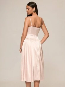 Glamine Women Solid Color Pleated Waist Strap Elegant Mid-Calf Dress - Dusty Pink - View 2