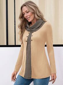 Miaspire 女式纽扣衬衫 女式长袖衬衫 通勤服装 黑色拼色格子女式长袖高领衫 女式 T 恤 - 卡其色 - 查看 4