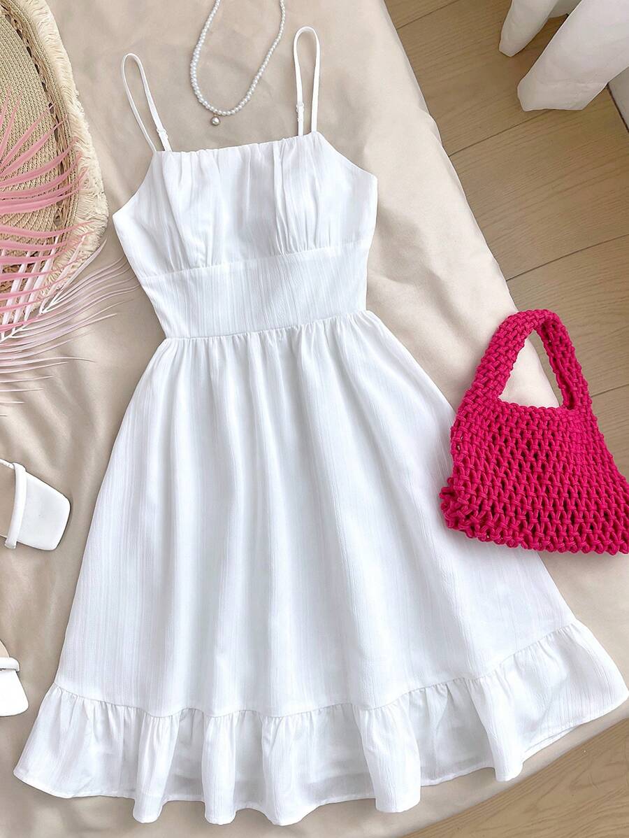 Vestido corto casual y holgado para adolescentes con textura trenzada, rayas verticales, pliegues en el pecho, cintura y recorte en la espalda, para primavera/verano - Blanco - Ver 1