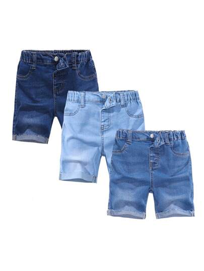 3pcs/Set Young Boy Elastic Waist Washed Blue Denim Shorts, School, Campus, College Summer Holiday