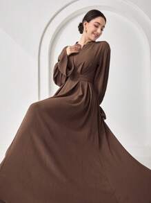 Veilorie 朴素休闲纯色褶皱连衣裙 - 棕色 - 查看 4