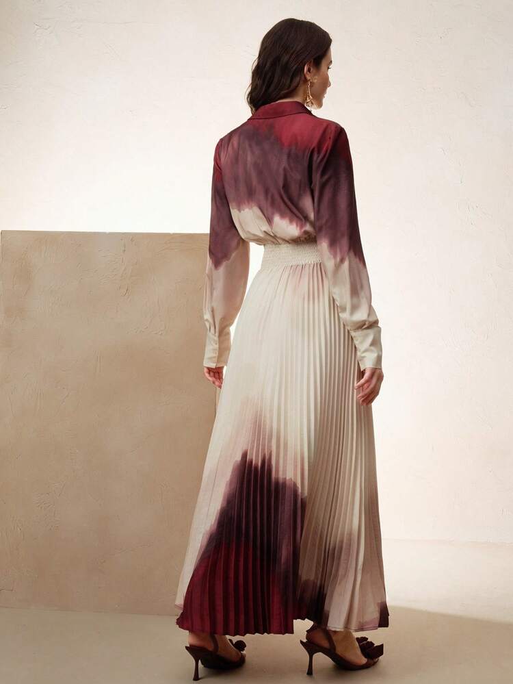 Anewsta Elaire Women Tie Dye Tie-Dye Pleated Waist Elegant Shirt Dress, Spring Outfits For Women