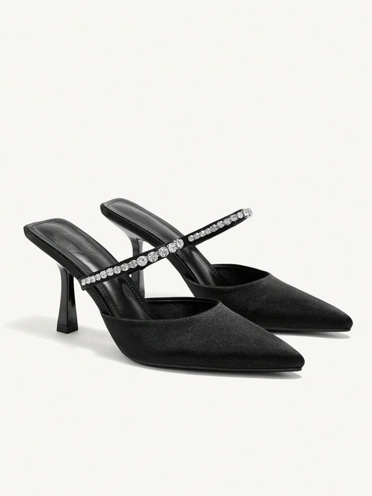 CUCCOO CHICEST Women's Fashion Black Silk Fabric Crystal Embellished Mule Pointed Toe High Heel Shoes, Suitable For Commute, Date, Party, Holiday, Wedding Summer Shoes Summer Break Easter Prom Heels For Christmas Elegant Shoes Wedding Shoes Summer Shoes Bride Shoes