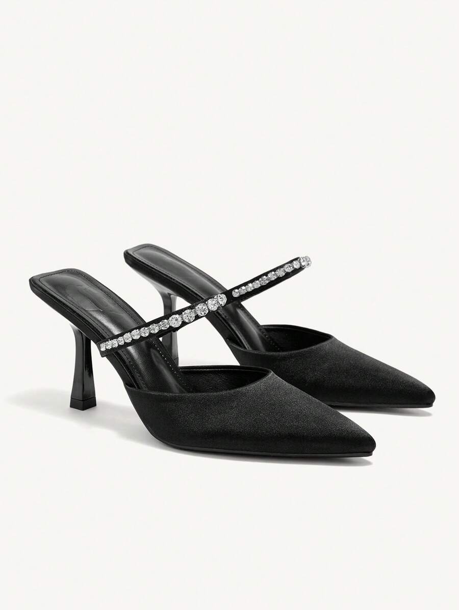 CUCCOO CHICEST Giày cao gót mũi nhọn đính pha lê vải lụa đen thời trang cho nữ, thích hợp đi làm, hẹn hò, tiệc tùng, ngày lễ, đám cưới - màu đen - Xem 1