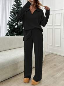 EURMUSE Women's Brushed Ribbed Set, Casual, Chic - Black - View 6