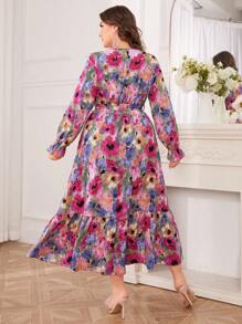 Modelyn Plus Size Women Floral Print Contrast Lace Midi Dress - Purple - View 2