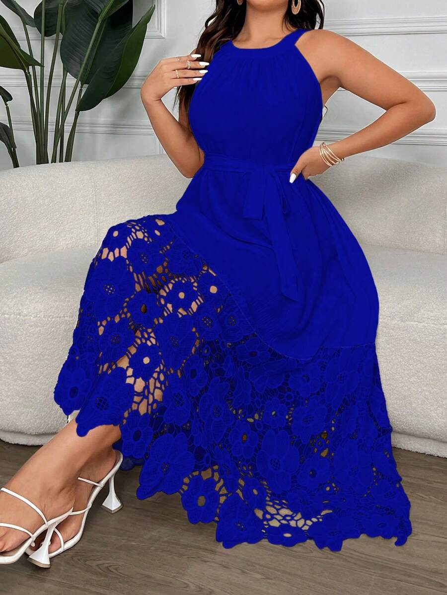 SHEIN Clasi 大码女式纯色花朵镂空优雅吊带裙