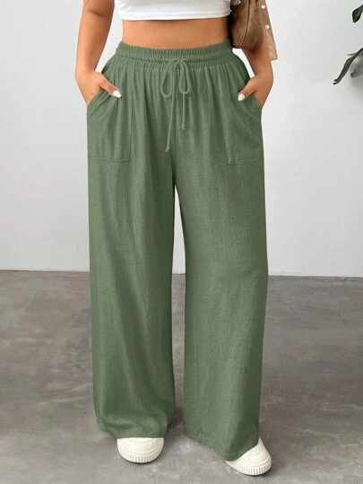SHEIN EZwear Plus Size Women Solid Color Drawstring Waist Pocket Wide Leg Casual Pants