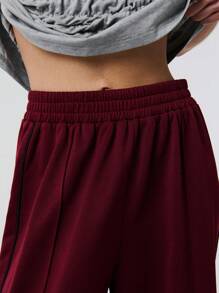 TypaGal Solid Color Wide Leg Sweat Joggers With Contrast Piping - Burgundy - View 5