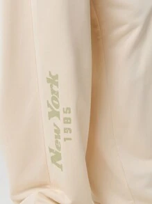 SHEIN Unity New York Logo Print Solid Wide Leg Casual Sweatpants With Pocket Fall Cloth For Women - Beige - View 7