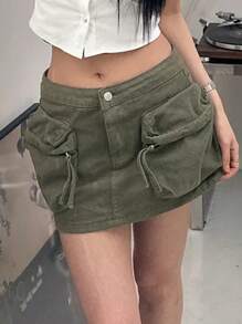 DAZY 女士3D口袋低腰迷你牛仔裙，四季皆宜的低腰牛仔裙 - 灰色 - 查看 5