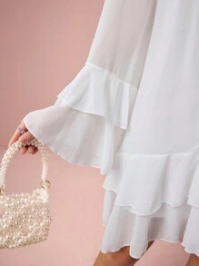 Enchnt Đầm xòe tay loe cổ cao màu trơn thanh lịch cho nữ - trắng - Xem 3