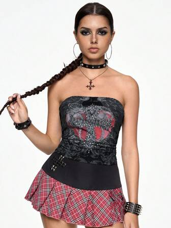 Gothic Bustier-Top mit Strass-Kreuz und Herzranken-Dekor, Sommer/ Sommeroutfit/ Sommerkleidung