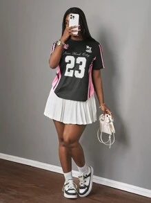 Slaydiva Graphic Tees Women Streetwear For Women Gyaru New Spring And Summer Casual Street Black With Pink Stripes 23 Letter Slogan Logo Full Printed Women's T-Shirt-B - Black - View 5