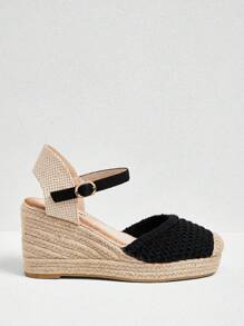 Styleloop Casual Wedge Heel Jute Rope & Canvas Embroidered Flaece Fabric - Black - View 2