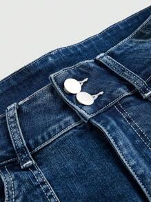 ROMWE Fairycore Low Rise Y2K Vintage Floral Embroidery Tattoo Print Skinny Denim Shorts - Blue - View 4