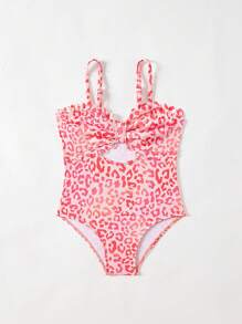 Young Girls Cute Leopard Floral Hollow-Out Fashionable Casual One-Piece Swimsuit - Multicolor - View 6